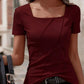 2026 Summer European And American Cross-border Foreign Trade Amazon Elegant Solid Color Women's Square-neck Short-sleeve T-shirts