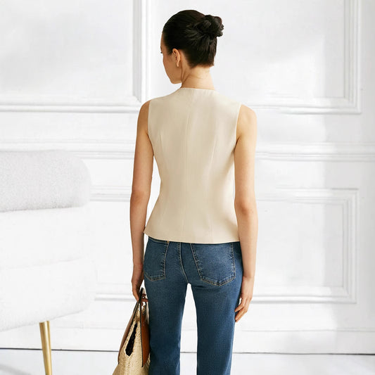 Womens European And American-style Decorative Button Solid-color Sleeveless Jacket