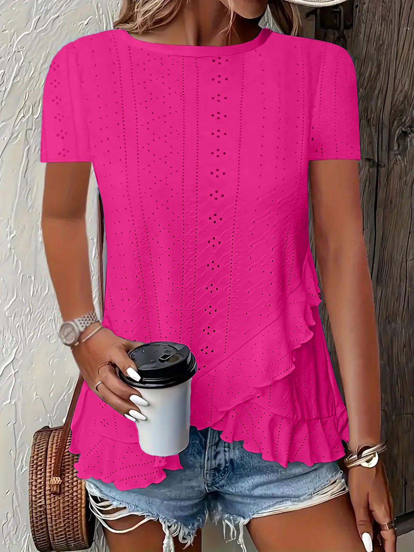 2026 European And American Amazon Summer New Women's Fashion Plus-Size Asymmetrical Ruffled Hem Short-Sleeve Top