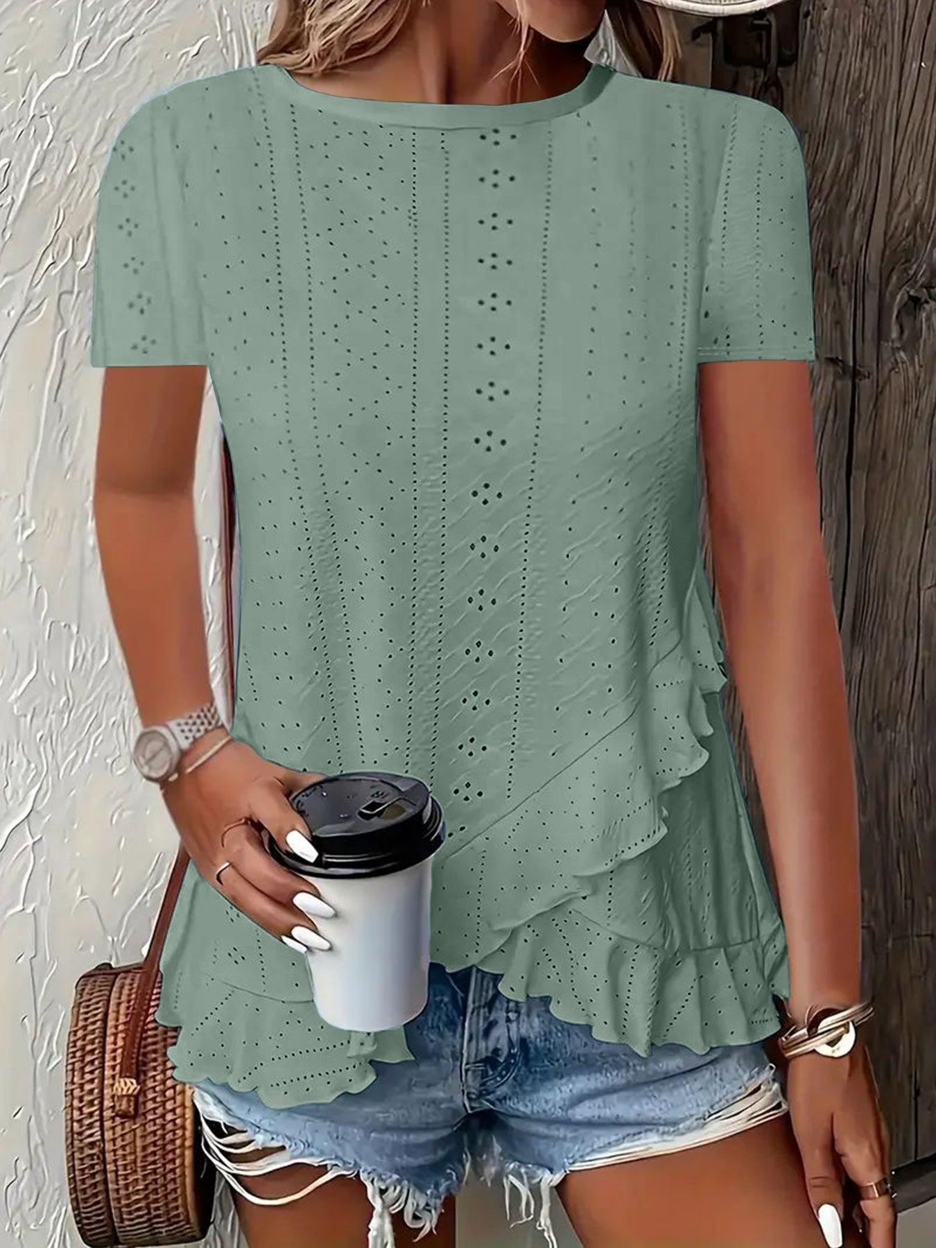 2026 European And American Amazon Summer New Women's Fashion Plus-Size Asymmetrical Ruffled Hem Short-Sleeve Top