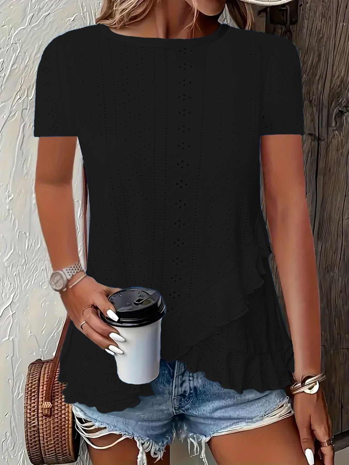 2026 European And American Amazon Summer New Women's Fashion Plus-Size Asymmetrical Ruffled Hem Short-Sleeve Top